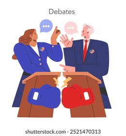 Election race concept. Political candidates engaged in a heated debate with symbolic boxing gloves. Electoral competition and public speaking event. Vector illustration.