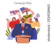Election rally concept. Voters and a candidate at a political event, advocating democracy and patriotism. Dynamic expressions of civic engagement. Vector illustration.