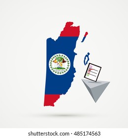 Election or referendum in Belize. Ballot box and casting vote on white background. Belize map flags in background.