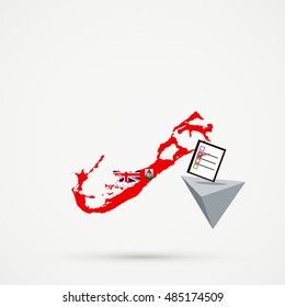 Election or referendum in Bermuda. Ballot box and casting vote on white background. Bermuda map flags in background.
