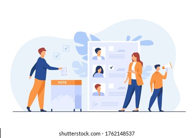 Election Or Referendum Campaign. Citizens Voting For Candidates, Inserting Survey Form To Ballot Box. Vector Illustration For Democracy, Vote Polling, Choice, Society, Constitution Concept