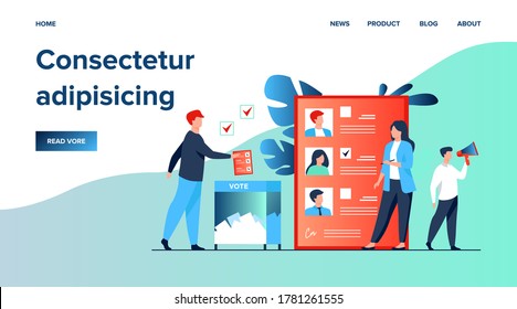 Election or referendum campaign. Citizens voting for candidates, inserting survey form to ballot box. Vector illustration for democracy, vote polling, choice, society, constitution concept