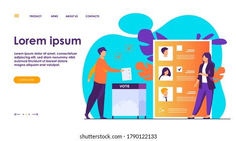 Election or referendum campaign. Citizens voting for candidates, inserting survey form to ballot box. Vector illustration for democracy, vote polling, choice, society, constitution concept