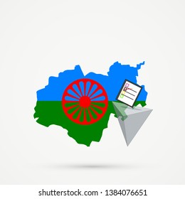 Election or referendum in Kabardino-Balkaria map in Romani people (Gypsies) flag colors. Ballot box and casting vote on white background. Kabardino-Balkaria map Romani people (Gypsies) flags 