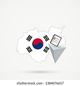 Election or referendum in Kabardino-Balkaria map in South Korea flag colors. Ballot box and casting vote on white background. Kabardino-Balkaria map South Korea flags in background.
