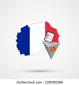 Election or referendum in Macedonia. Ballot box and casting vote on white background. Macedonia map in France flags in background.