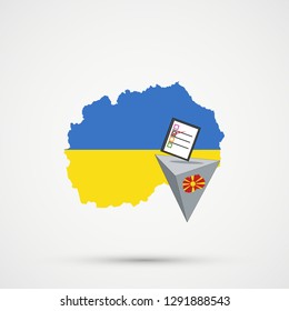 Election or referendum in Macedonia. Ballot box and casting vote on white background. Macedonia map in Ukraine flags in background.