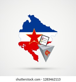 Election or referendum in Montenegro. Ballot box and casting vote on white background. Montenegro map in Yugoslavia flags in background.
