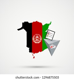 Election or referendum in New Brunswick. Ballot box and casting vote on white background. New Brunswick map in Afghanistan flags in background.
