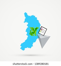 Election or referendum in Republic of Khakassia map in Nogais ethnic  flag colors. Ballot box and casting vote on white background. Republic of Khakassia map Nogais ethnic  flags in background.
