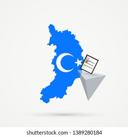 Election or referendum in Republic of Khakassia map in Uyghuristan ( East Turkestan, Xinjiang) flag colors. Ballot box and casting vote on white background. Republic of Khakassia map Uyghuristan 