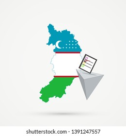 Election or referendum in Republic of Khakassia map in Uzbekistan flag colors. Ballot box and casting vote on white background. Republic of Khakassia map Uzbekistan flags in background.
