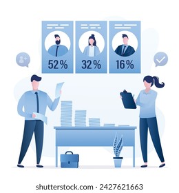 Election results. Exit poll. Two election observers helps counting voting results. Male and female candidates received different numbers of votes. Stacks of ballot papers on table. Vector illustration