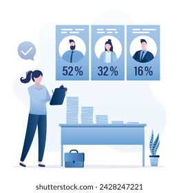 Election results. Exit poll. Woman counting voting results. Male and female candidates received different numbers of votes. Stacks of ballot papers on table. Election observer. Vector illustration