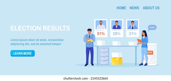 Resultados electorales. Dos observadores electorales ayudan a contar los resultados de las votaciones. Los candidatos recibieron diferentes números de votos. Competencia política y democracia. Papeletas de votación sobre la mesa 