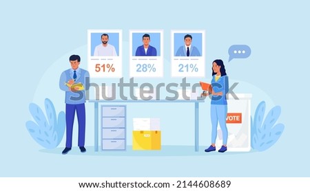 Election results. Two election observers helps counting voting results. Candidates received different numbers of votes. Political competition and democracy. Stacks of ballot papers on table 