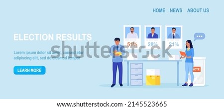 Election results. Two election observers helps counting voting results. Candidates received different numbers of votes. Political competition and democracy. Stacks of ballot papers on table 