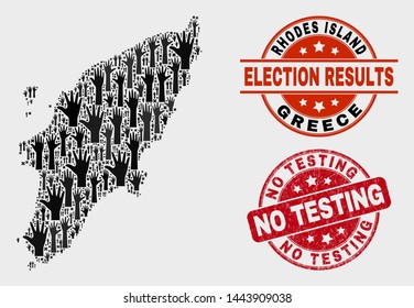Election Rhodes Island map and watermarks. Red rounded No Testing grunge seal. Black Rhodes Island map mosaic of upwards election hands. Vector collage for ballot results, with No Testing seal stamp.