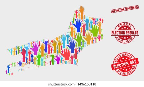 Election Rio de Janeiro State map and seals. Red rectangle Open for Business textured stamp. Colored Rio de Janeiro State map mosaic of upwards support hands. Vector composition for election day,