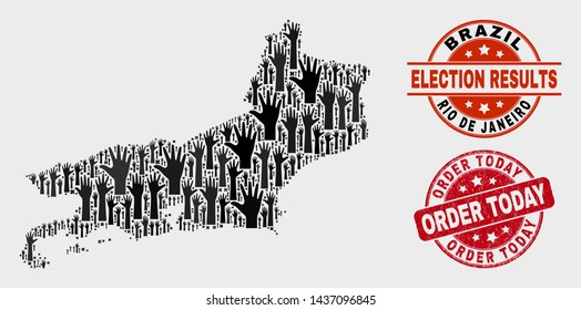 Election Rio de Janeiro State map and stamps. Red round Order Today scratched seal stamp. Black Rio de Janeiro State map mosaic of raised up volunteer hands. Vector composition for election results,