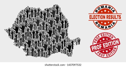 Election Romania map and seals. Red round Prof Edition grunge seal stamp. Black Romania map mosaic of raised voting arms. Vector composition for ballot results, with Prof Edition seal.