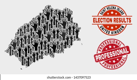 Election Saint Helena Island map and watermarks. Red rounded Professional grunge watermark. Black Saint Helena Island map mosaic of upwards referendum hands. Vector combination for election results,