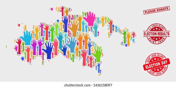 Election Saint John Island map and seal stamps. Red rectangular Please Donate distress watermark. Colored Saint John Island map mosaic of upwards referendum hands. Vector collage for election day,