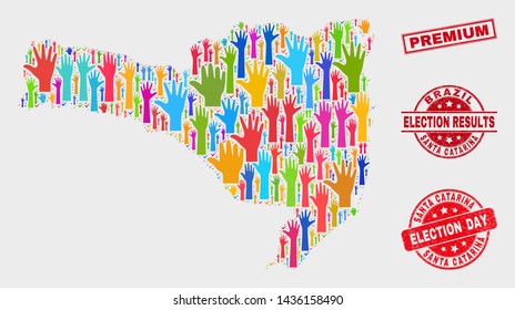 Election Santa Catarina State map and seals. Red rectangle Premium scratched seal stamp. Colored Santa Catarina State map mosaic of raised up ballot hands. Vector composition for election day,
