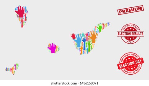 Election Santa Cruz de Tenerife Province map and stamps. Red rectangular Premium scratched seal stamp. Colorful Santa Cruz de Tenerife Province map mosaic of raised volunteer hands.