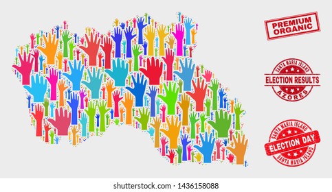 Election Santa Maria Island map and watermarks. Red rectangle Premium Organic textured seal. Colorful Santa Maria Island map mosaic of raised up referendum hands. Vector combination for election day,