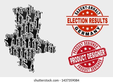 Election Saxony-Anhalt Land map and watermarks. Red round Product Designer grunge seal stamp. Black Saxony-Anhalt Land map mosaic of raised up raising arms. Vector collage for ballot results,