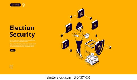 Election Security Banner. Protection System On Polling Place For Safety Democracy Voting, Secure From Cyber Hack And Fraud. Vector Landing Page With Isometric Woman Voter And Ballot Box