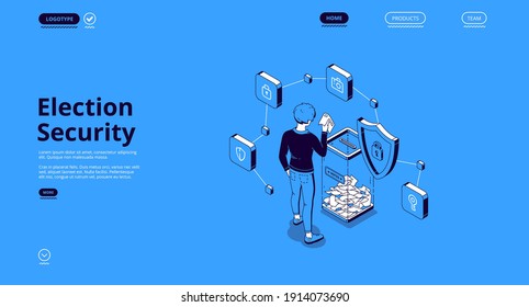 Election security isometric landing page. Voter put bulletin into glass bin in polling station, elector voting in protected place for poll civil rights execution concept, 3d vector line art web banner