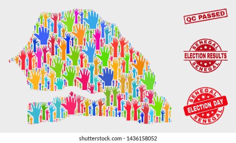 Election Senegal map and watermarks. Red rectangular Qc Passed textured stamp. Bright Senegal map mosaic of raised up election hands. Vector composition for election day, and ballot results.
