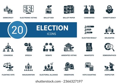 Election set. Creative icons: democracy, electronic voting, ballot box, ballot paper, candidates, constituency, election result, delegates, congress, speech, debate, absentee voting, manifesto