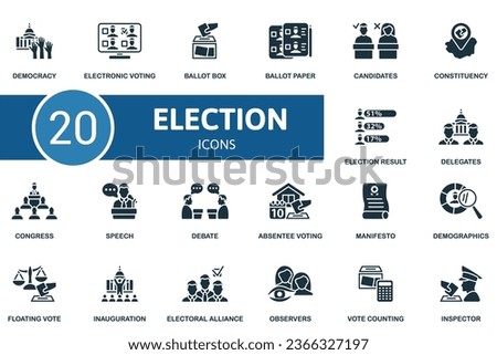 Election set. Creative icons: democracy, electronic voting, ballot box, ballot paper, candidates, constituency, election result, delegates, congress, speech, debate, absentee voting, manifesto