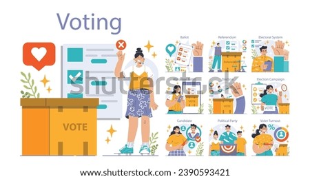 Election set. Democratic procedure, citizens choosing political party or candidate by the electoral process. Character checking a ballot on a referendum. Flat vector illustration