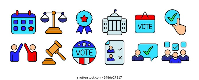 Election set icon. Calendar with star, balance scales, award ribbon, government building, sign, hand pointing at check mark, gavel, badge, candidate list. Elections, democracy.