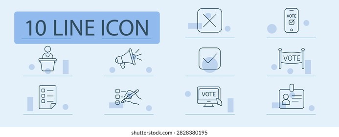 Election set icon. Candidate podium, loudspeaker announcement, checklist document, marked survey, opposition choice, electronic voting, approved selection, campaign banner, online ballot,