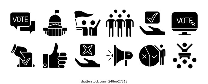 Election set icon. Vote, government building, demonstration, voters, electronic voting, manual voting, approval, disapproval, megaphone, voting results, public speech. Elections, democracy.