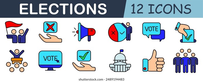 Election set icon. Voting, ballot, candidate, campaign, checkmark, speech, government building, poll, debate, voter, election results, thumbs up.