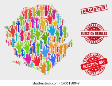 Election Sierra Leone map and seals. Red rectangular Register textured seal. Colorful Sierra Leone map mosaic of raised up like hands. Vector composition for election day, and ballot results.