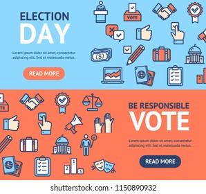 Election Signs Banner Horizontal Set with Color Outline Icons Include of Button and Podium. Vector illustration of Banners Cards