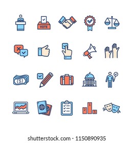 Election Signs Color Thin Line Icon Set Include of Checkbox, Scales and Suitcase. Vector illustration of Voting Icons