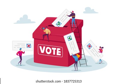 Election and Social Poll Concept. Tiny Voters Male and Female Characters Casting Ballots at Polling Place During Voting Put Paper Ballot in Box, Man with Megaphone. Cartoon People Vector Illustration