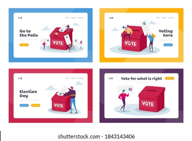 Election or Social Poll Landing Page Template Set. Tiny Voters Characters Casting Ballots at Polling Place During Voting Put Paper Ballot in Box, Man with Megaphone. Cartoon People Vector Illustration