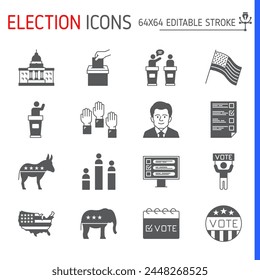 Election solid icon set, voting vector collection, logo illustrations, politician vector icons, glyph style pictogram pack, editable stroke icons.