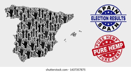 Election Spain map and seal stamps. Red round Pure Hemp distress watermark. Black Spain map mosaic of raised election hands. Vector collage for ballot results, with Pure Hemp seal.