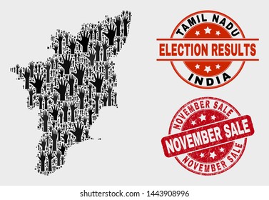 Election Tamil Nadu State map and seals. Red rounded November Sale textured seal stamp. Black Tamil Nadu State map mosaic of raised support arms. Vector combination for election results,