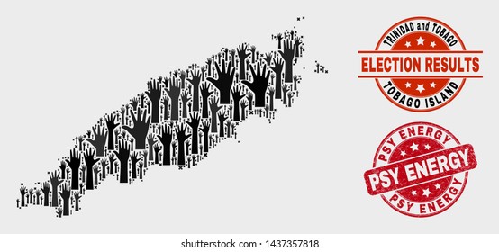 Election Tobago Island map and seals. Red rounded Psy Energy scratched seal stamp. Black Tobago Island map mosaic of raised volunteer arms. Vector collage for ballot results,